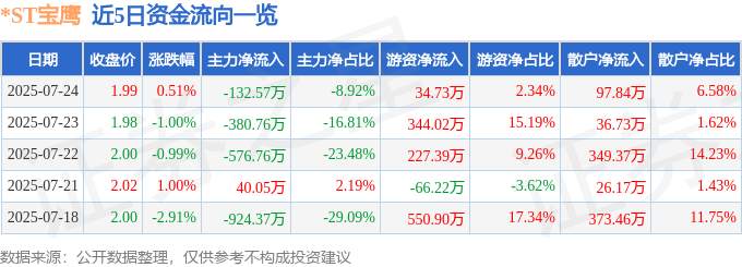 股票行情快报：ST宝鹰（002047）7月24日主力资金净卖出13257万元(图1)